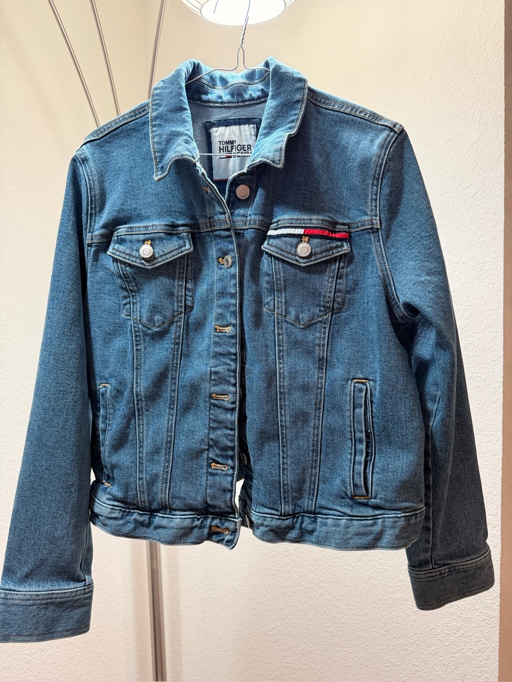 Tommy Hilfiger Medium Blue Denim Trucker Jacket with Red Accent